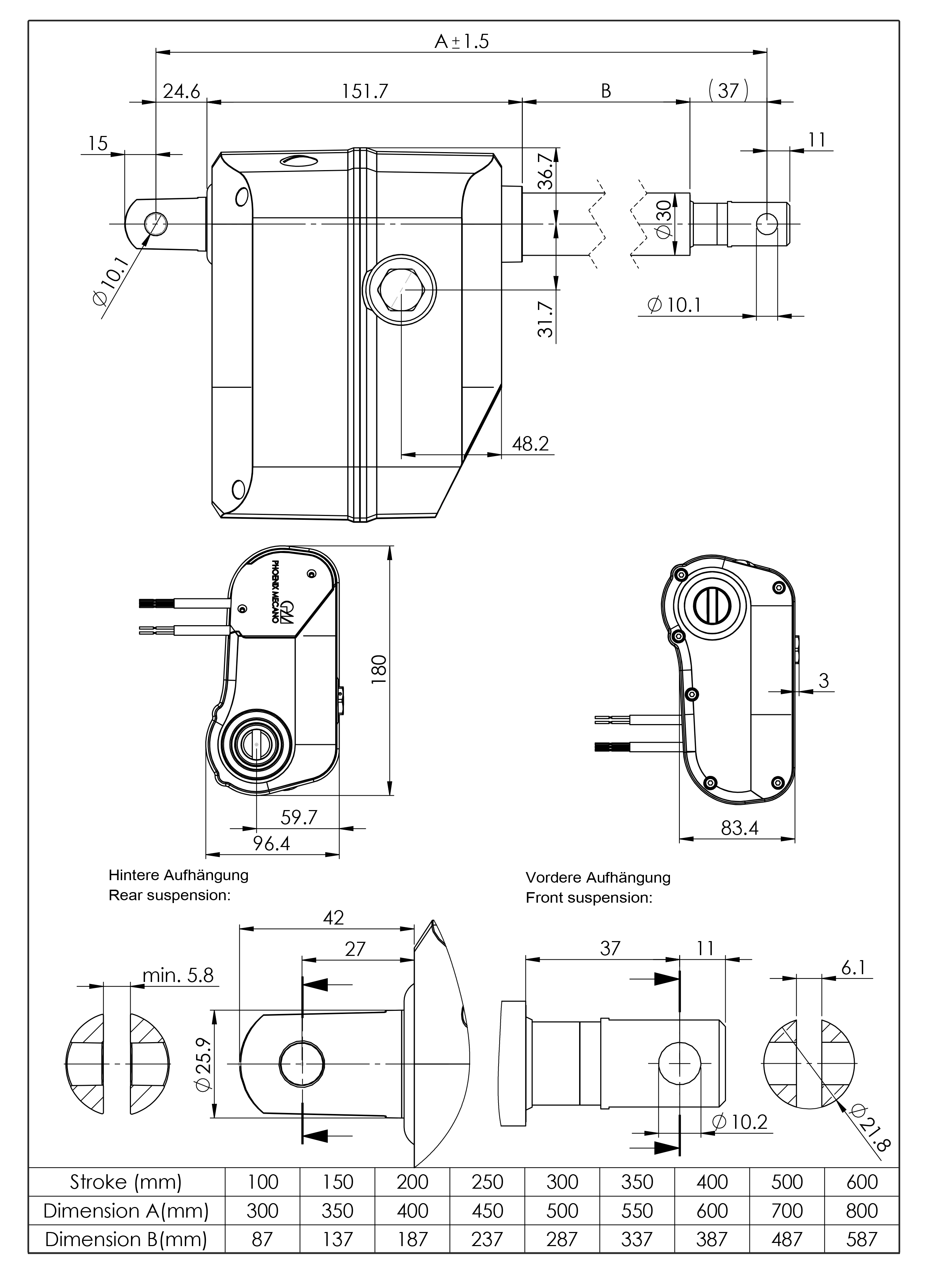 Technical drawing linear actuator LD600