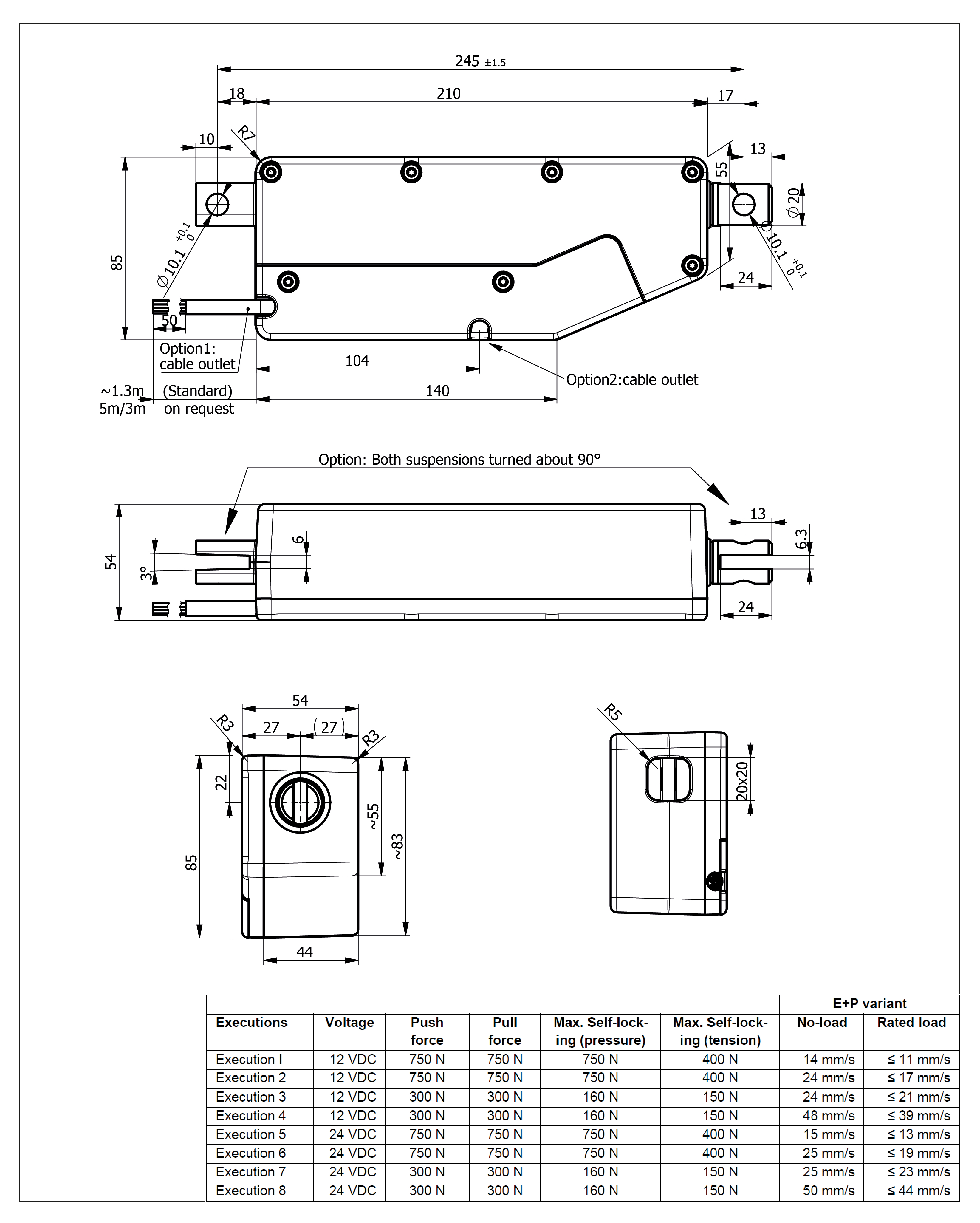 Technical drawing linear actuator LD75